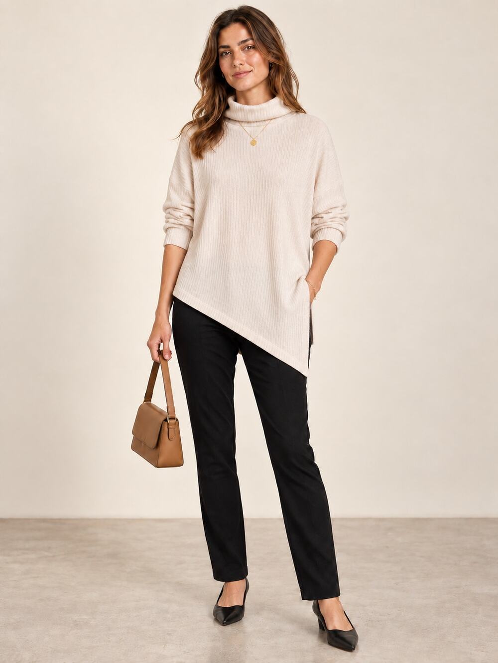 Julia Allert Cream Ribbed Asymmetric Hem Turtleneck Top M